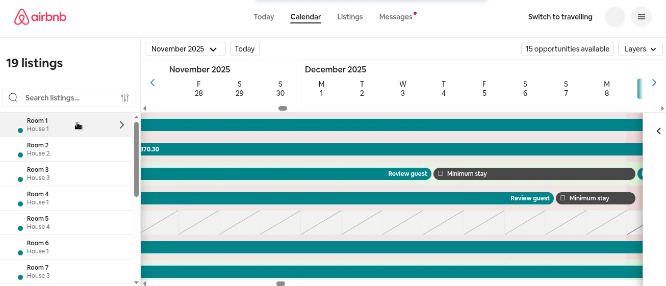 Airbnb multi-listing calendar view showing all properties