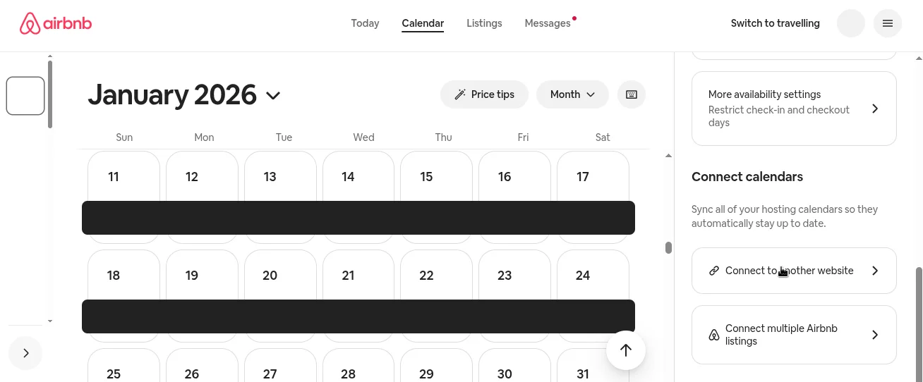Airbnb availability settings showing Connect calendars option