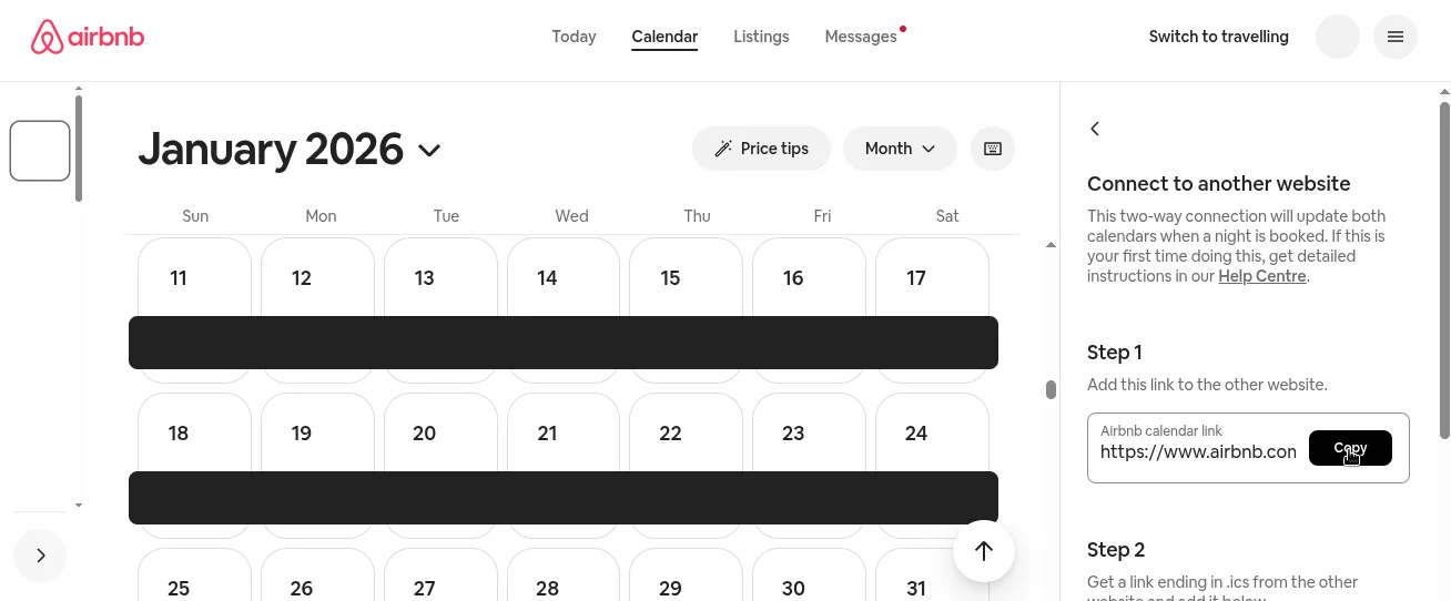 Copy Airbnb iCal link from Connect to another website dialog