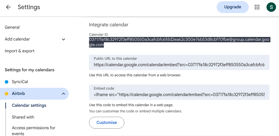 Copy Google Calendar ID from Integrate calendar settings