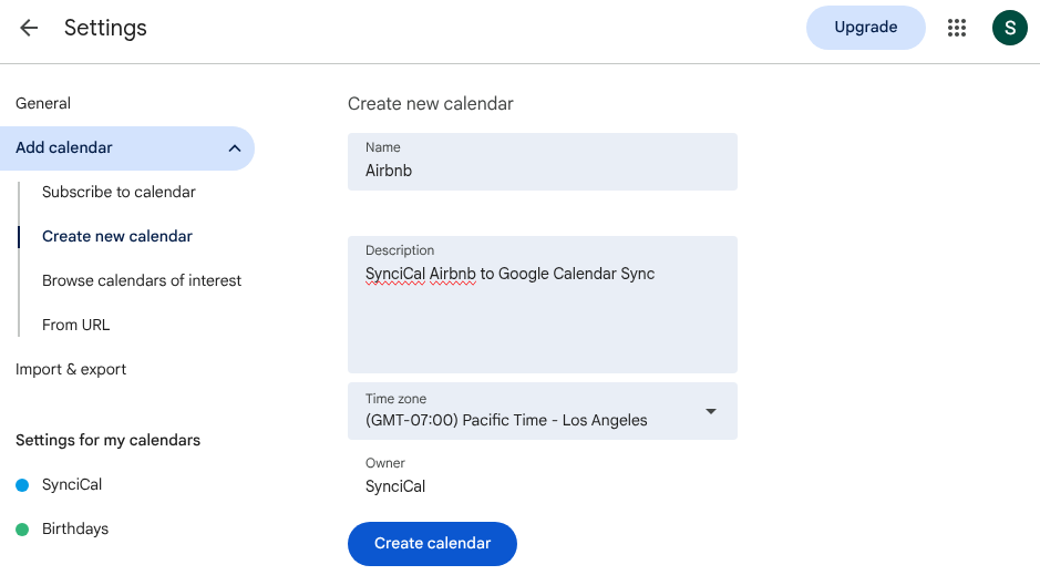 Create a new Google Calendar for Airbnb booking sync