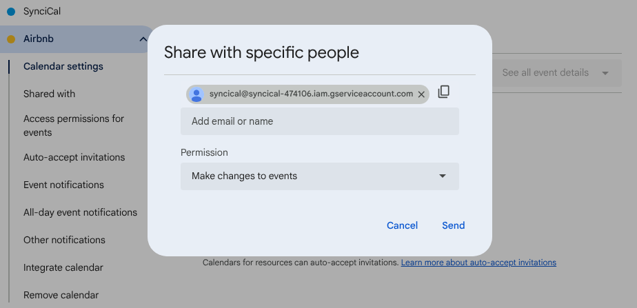 Share Google Calendar with SynciCal service account